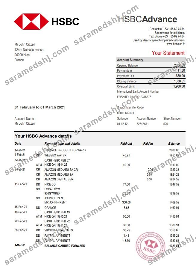 France HSBC bank statement template in Excel and PDF format